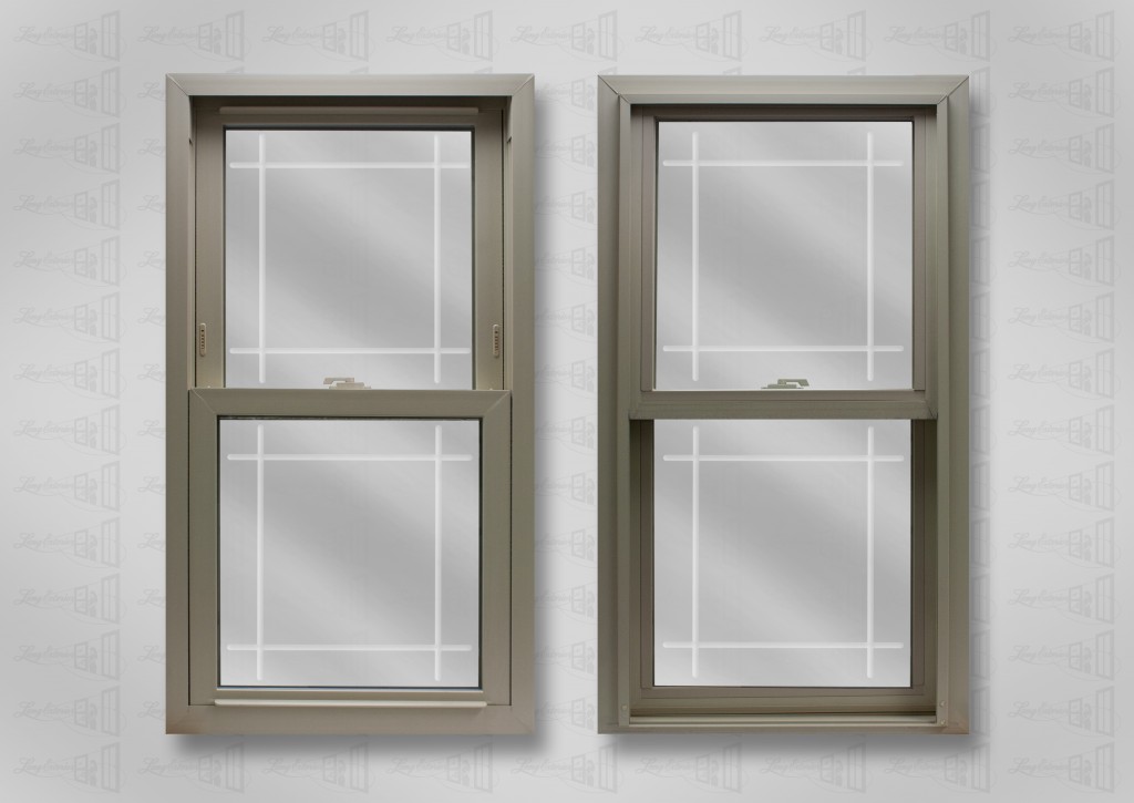 Lang exterior beige powerweld double hung single prarie v-groove glass